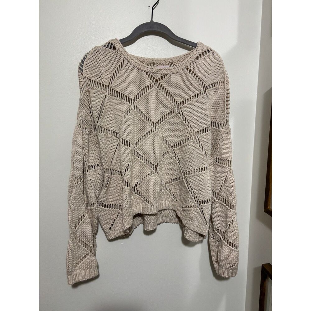 Pink Lily Cream Chunky Knit Open‎ Weave Boho Cropped Sweater M